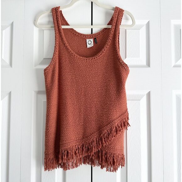 Anthropologie Akemi + Kin Textured Knit Tank Top M Rust Orange Fringe Hem Boho - Picture 1 of 10